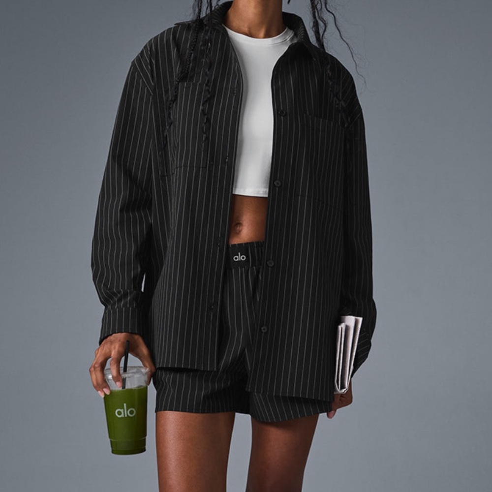 Alo Black Pinstripe Button Up Shirt - Picture 2 of 3